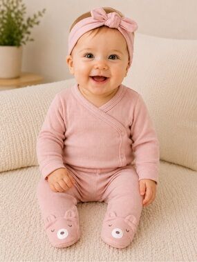 Carter’s Baby Girl Pink Waffle Knit 3-Piece Outfit Set Bear Footed Pants NWT